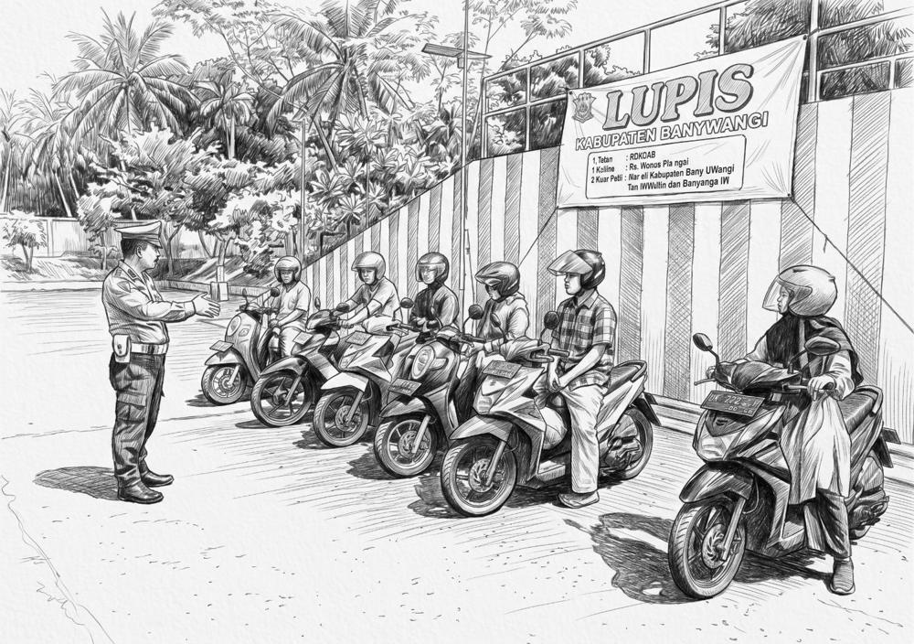 Ilustrasi latihan LUPIS: petugas memberi arahan kepada peserta bersepeda motor di lapangan uji